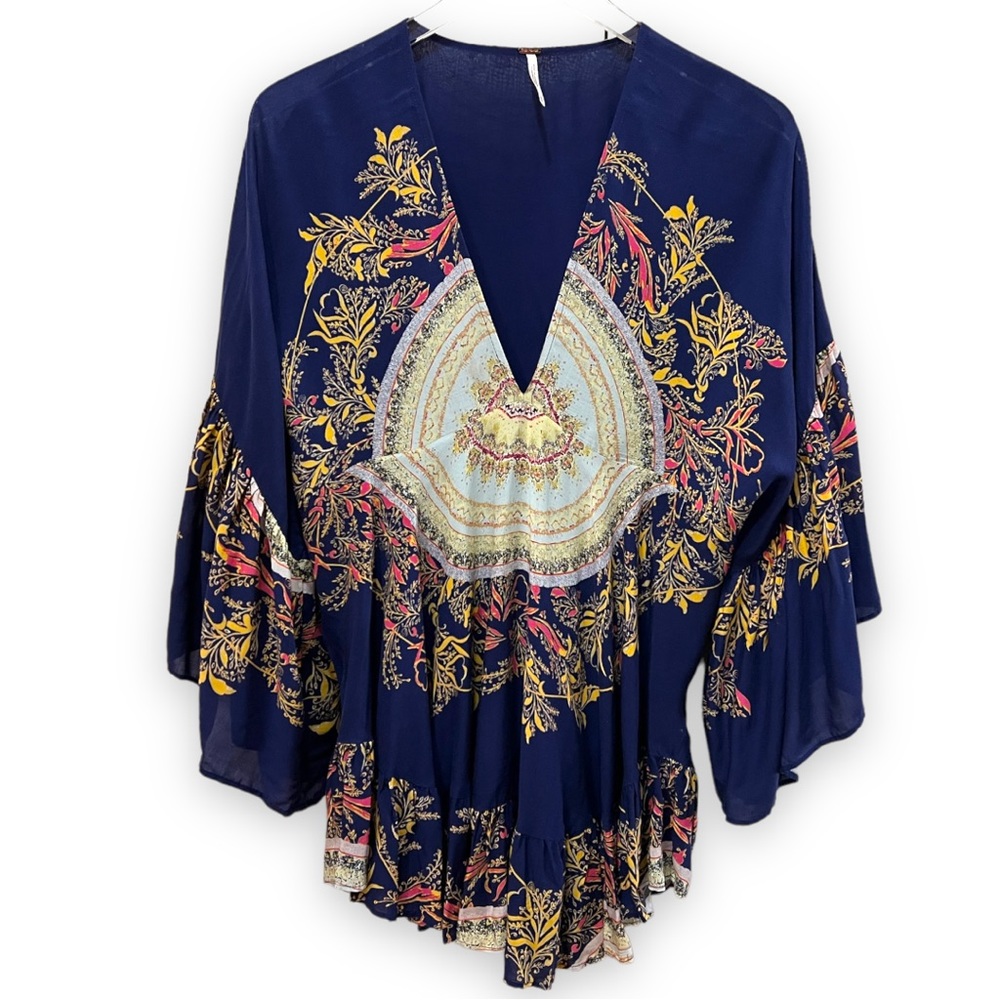 FREE PEOPLE Sunset Dreams Boho Ruffle Top Blue Size XS
